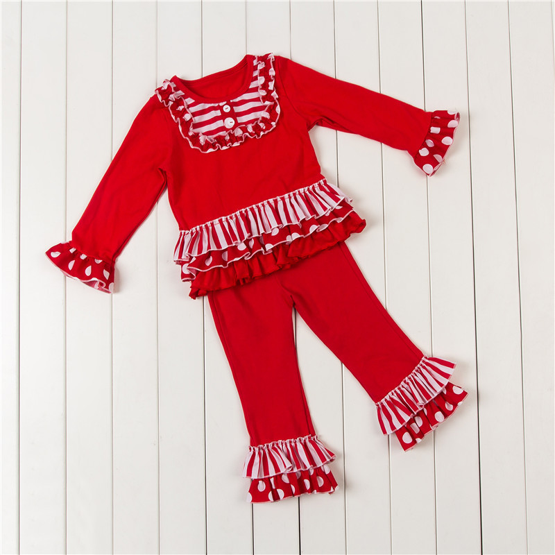 Boutique Girls Fall Clothes Outfits Set Long Sleeve Ruffle Top With Long Trim Pants