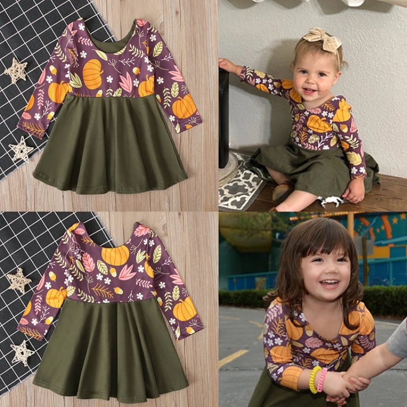 Factory pumpkin printed long sleeve dress infant girl kids clothes