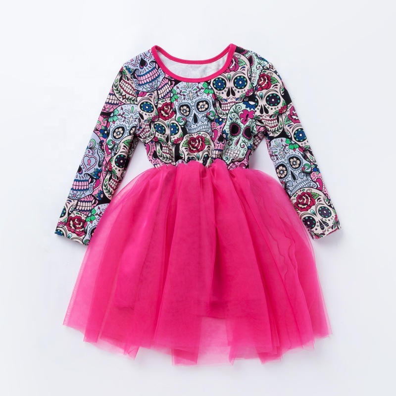 Cheap bone printed high quality long sleeve punk kid girl tulle layered dress