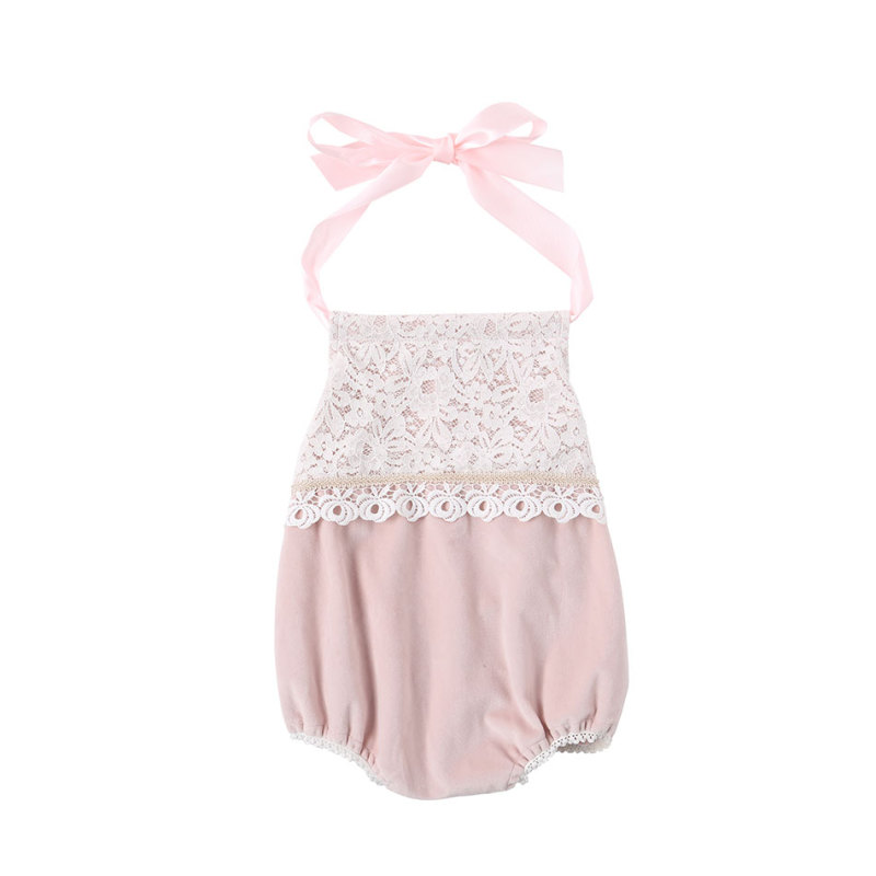 Newborn baby girl fashion clothes halter lace ribbon bow knot  decorated baby clothing romper
