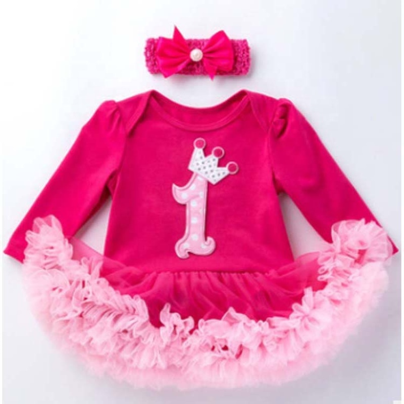 Hot Sale Long Sleeve Newborn Baby Girl Birthday Party Dress With Headband 