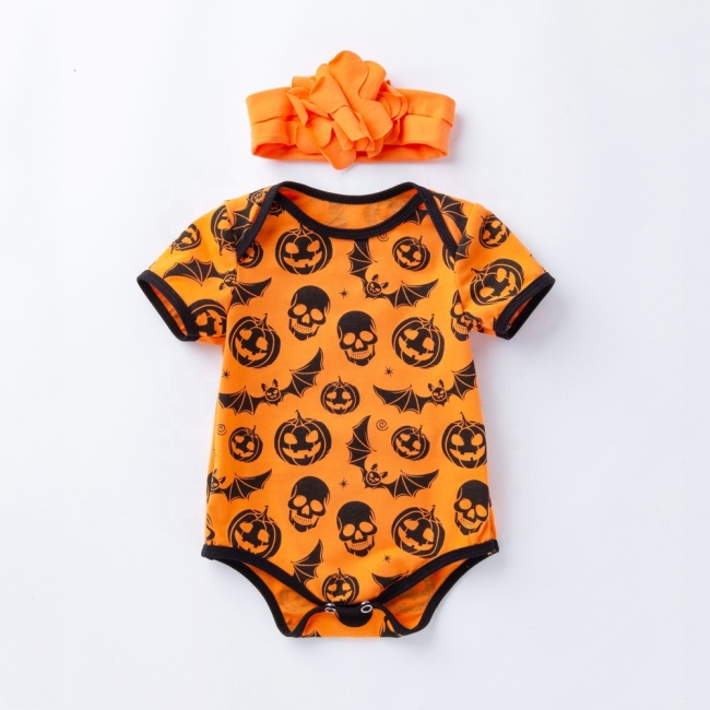 Halloween short sleeve breathable pumpkin printed baby romper custom