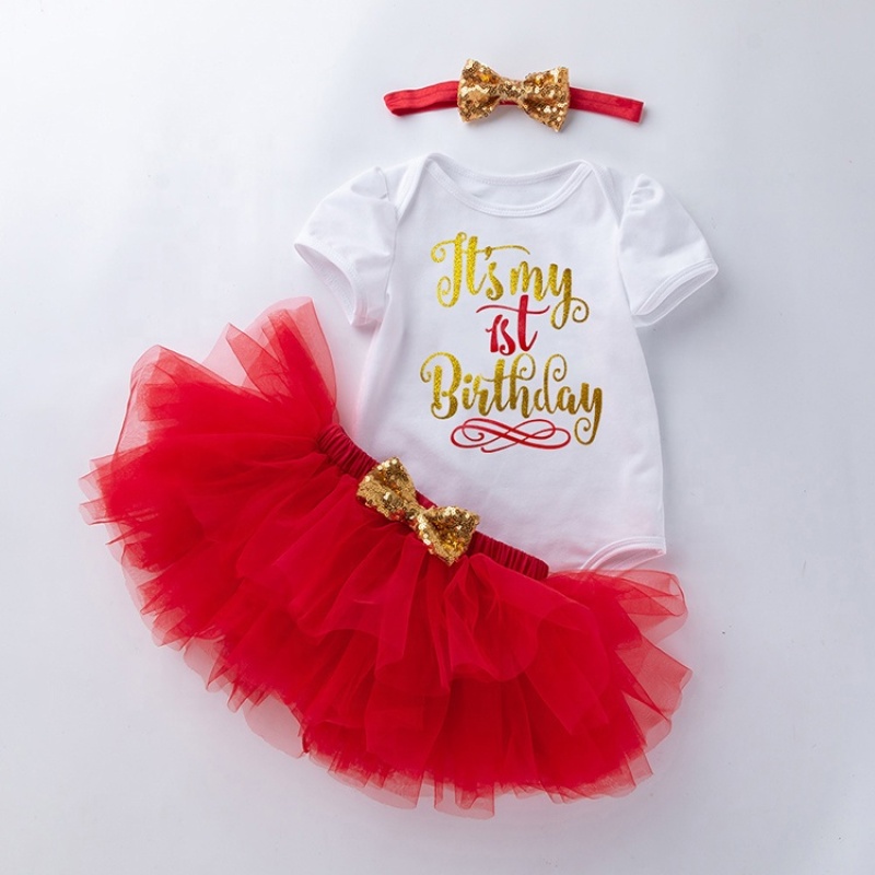 Factory Wholesale Girl Cotton Baby Romper Set With Tulle Skirts And Headband 