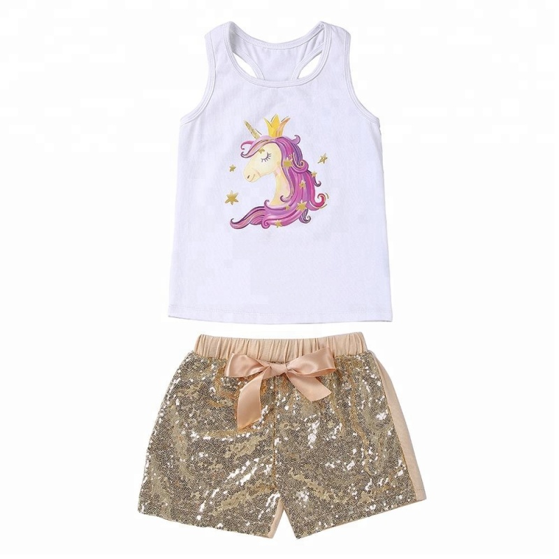 Lovely Little Girl Unicorn Tank Top Set Sequin Shorts Set For Birthday