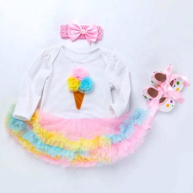 Wholesale Long Sleeve Baby Girl Birthday Outfit Dress With Baby Shoes And Headband Set