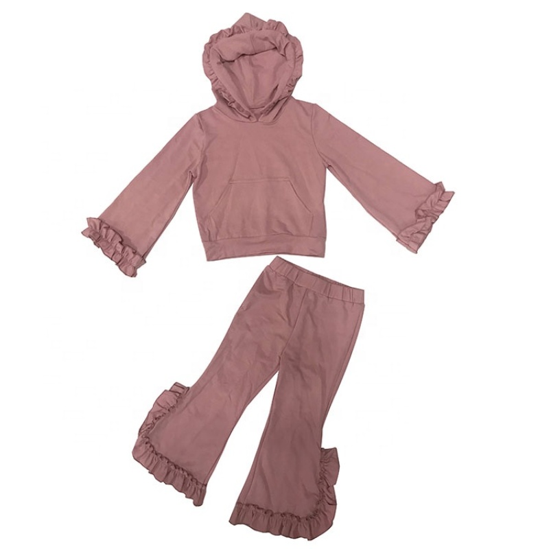  High Quality OEM Style Warm Fall Cotton Ruffle Girl Clothing Set With Hoodie