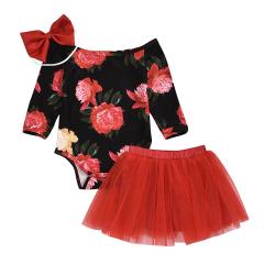 Wholesale Elegant Floral Infant Romper With Tutu Skirts And Headband 