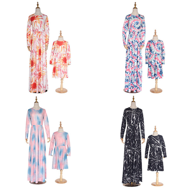 Wholesale price mommy and me tie dye fall elegant long sleeve maxi dress