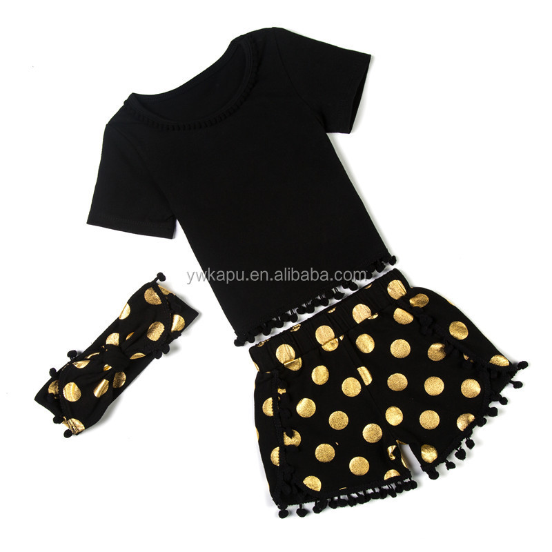 Little Girls Boutique Baby Pompom Clothes Outfit Set With Headband For Children Back To School 
