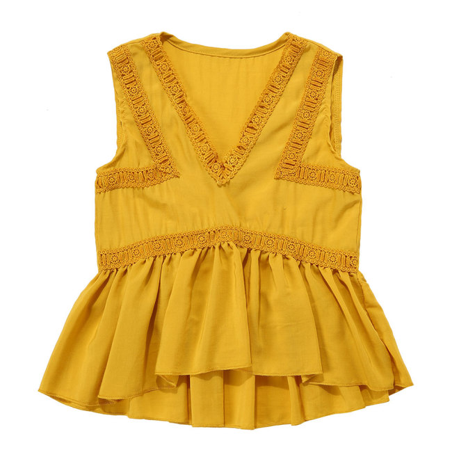 Latest yellow rayon sleeveless girls party wear top casual top for girls