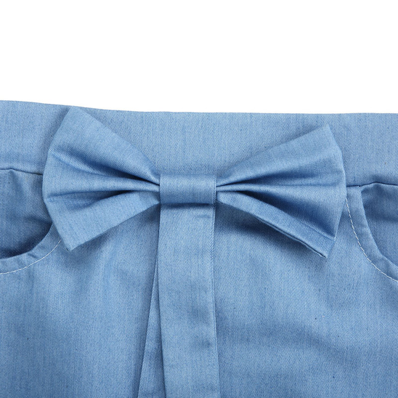 KAPU Mini school  Bow Short Dress Girl Pleated Elastic Waist Denim Skirts  With Pockets