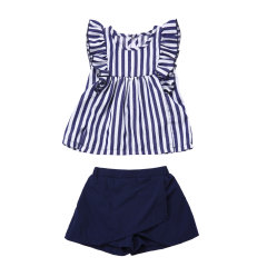 Wholesale Children's Boutique Stripe Sleeveless Ruffle Top With Short Pants Outfit Clothes Set