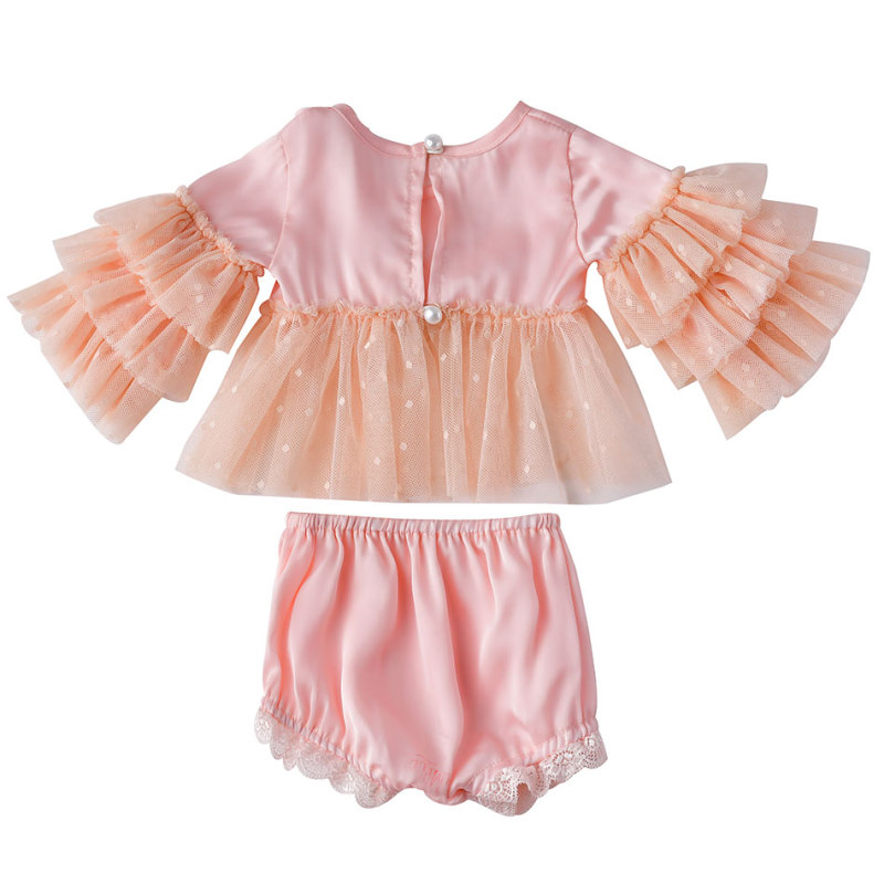 Boutique Cute Little Baby Girl Pink Long Sleeves Top With Ruffles And Lace Pants Clothing Set