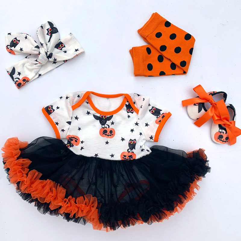 Fall Halloween Clothing Little Baby  Girls Short Sleeve Dress Pumpkin set