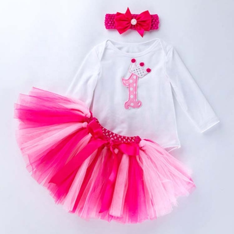 Wholesale Baby Girl Long Sleeve Birthday Romper With Tulle Skirts And Headband Set