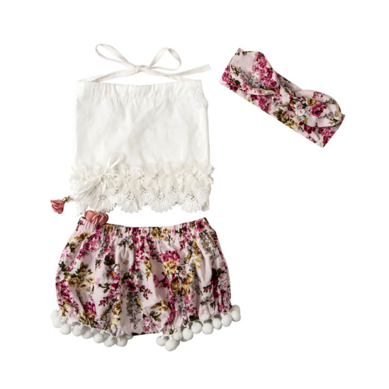Wholesale Boutique Kids Lace Tank Top And Floral Pompom Shorts Clothing Outfit Set With Headband 