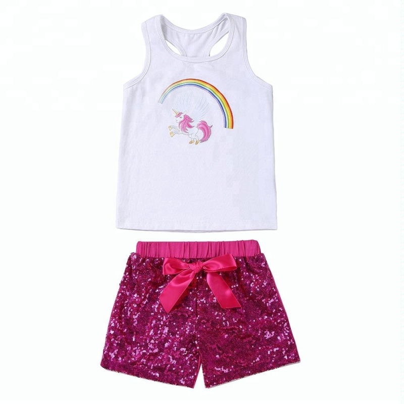Lovely Little Girl Unicorn Tank Top Set Sequin Shorts Set For Birthday