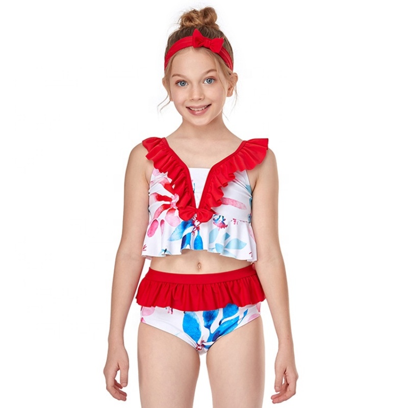 Top selling fashion ruffle print kids designer two piece swimsuit custom girls