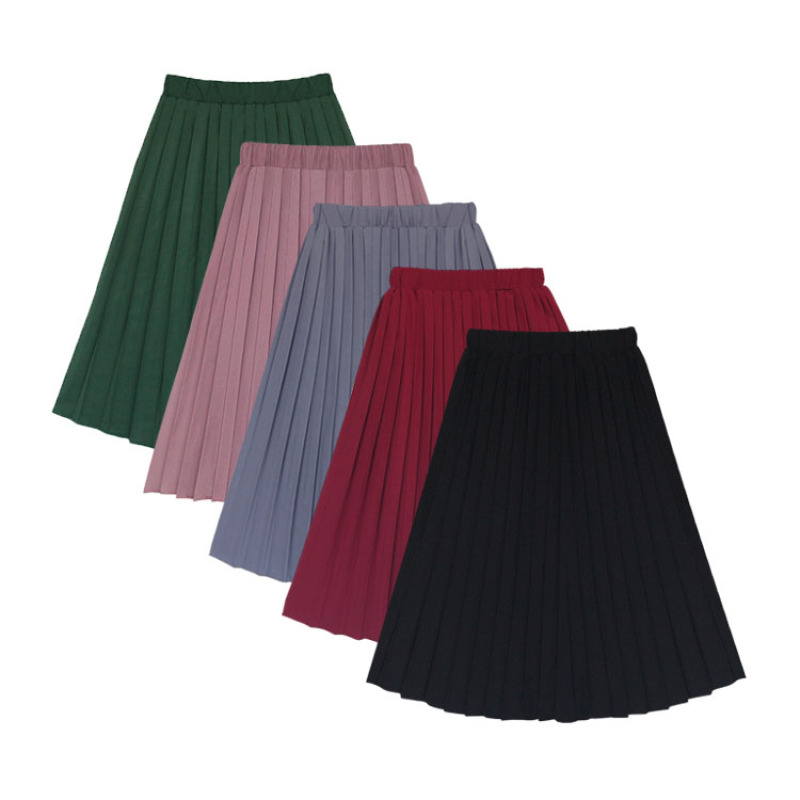 New trend elasticized waist lightweight pure color long spring kids pleated skirt