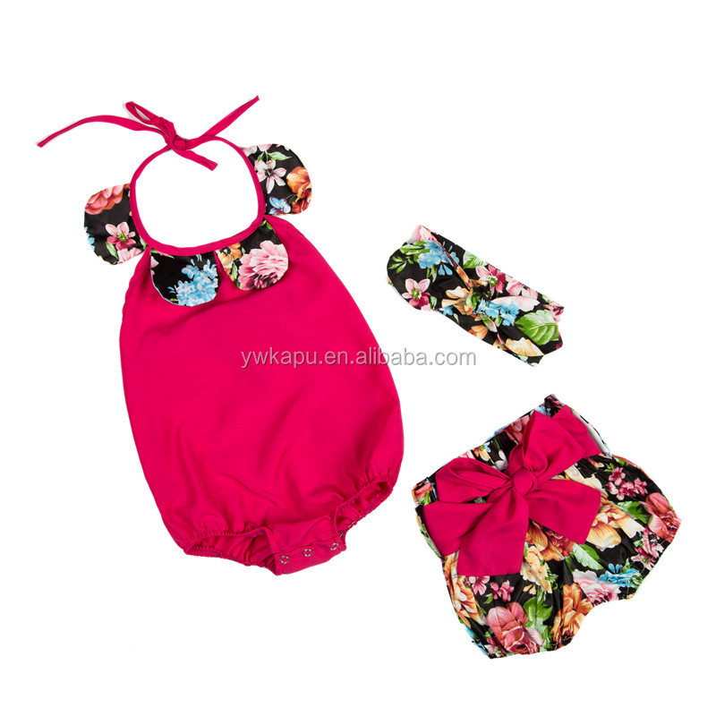 Wholesale Cotton Boutique Baby Floral Petal Romper With Bow Shorts And Matching Headband 