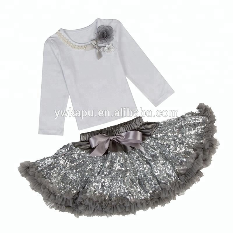 Wholesale children's boutique clothing flower decorate long sleeve top match sequin tutu skirt girl outfit