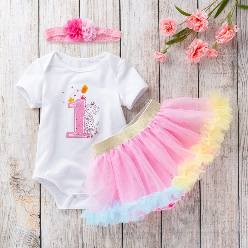 New Floral Design Little Girl Birthday Smash Cake Baby Romper With Tutu Skirts And Headband 