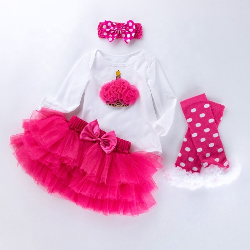 New Arrival Cotton Baby Girl Birthday Bodysuit With Tutu Skirts And Leg Warmer And Headband 