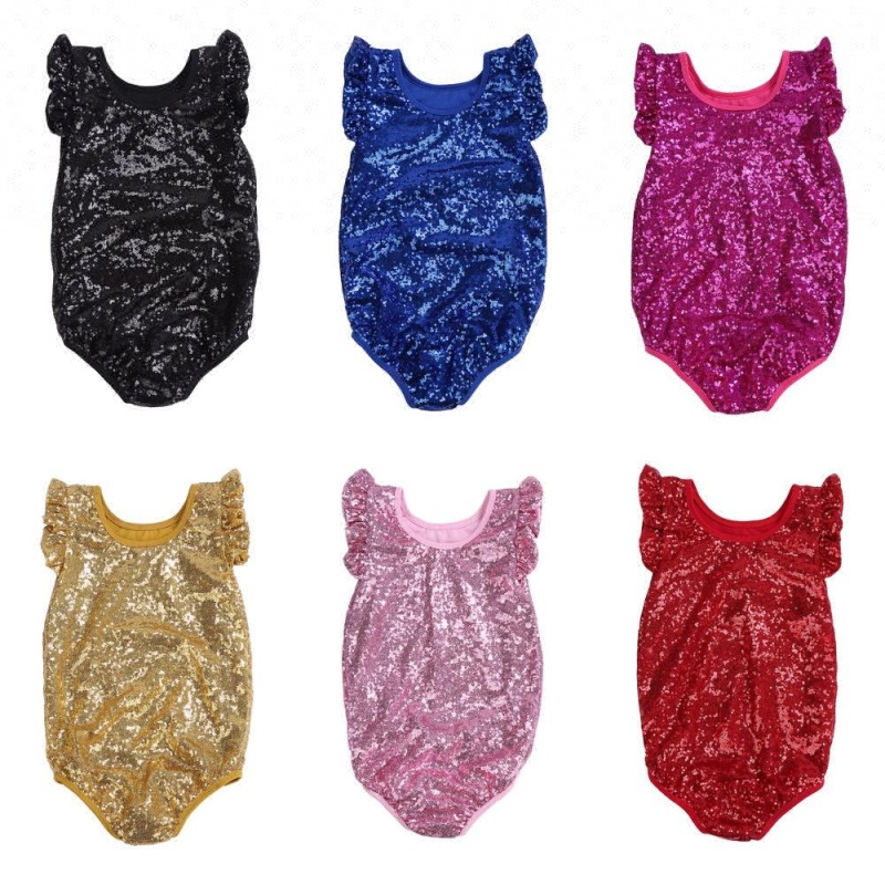 Multiple solid color sequin baby girl romper wholesale infant toddler boutique clothing flutter sleeve summer romper