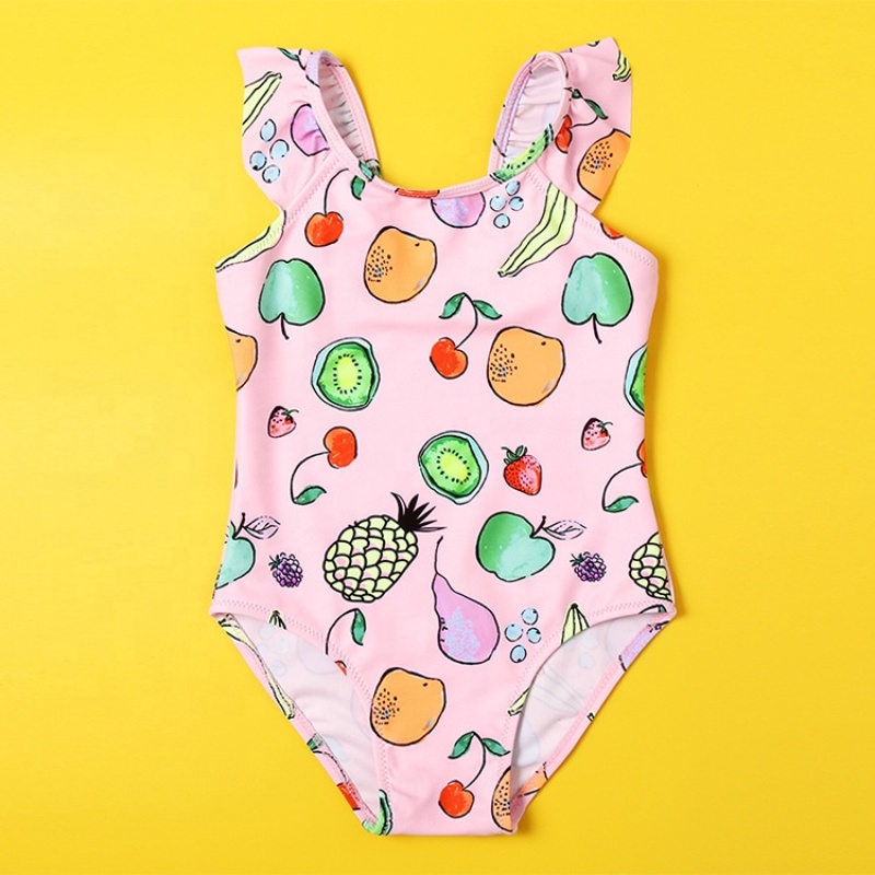 Latest design korea pink girls kids one piece fruit print bikini