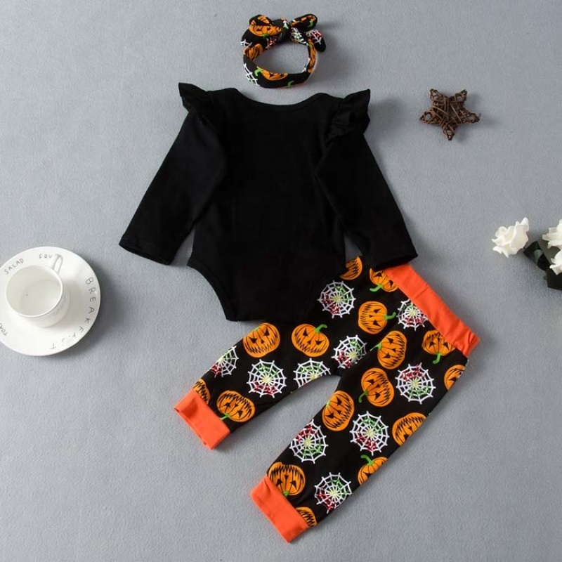 Hot sale korean cotton halloween black pumkin baby long pants romper