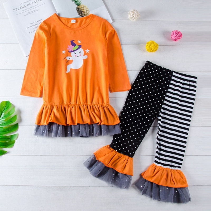 Factory pumpkin printed long sleeve dress infant girl kids clothes