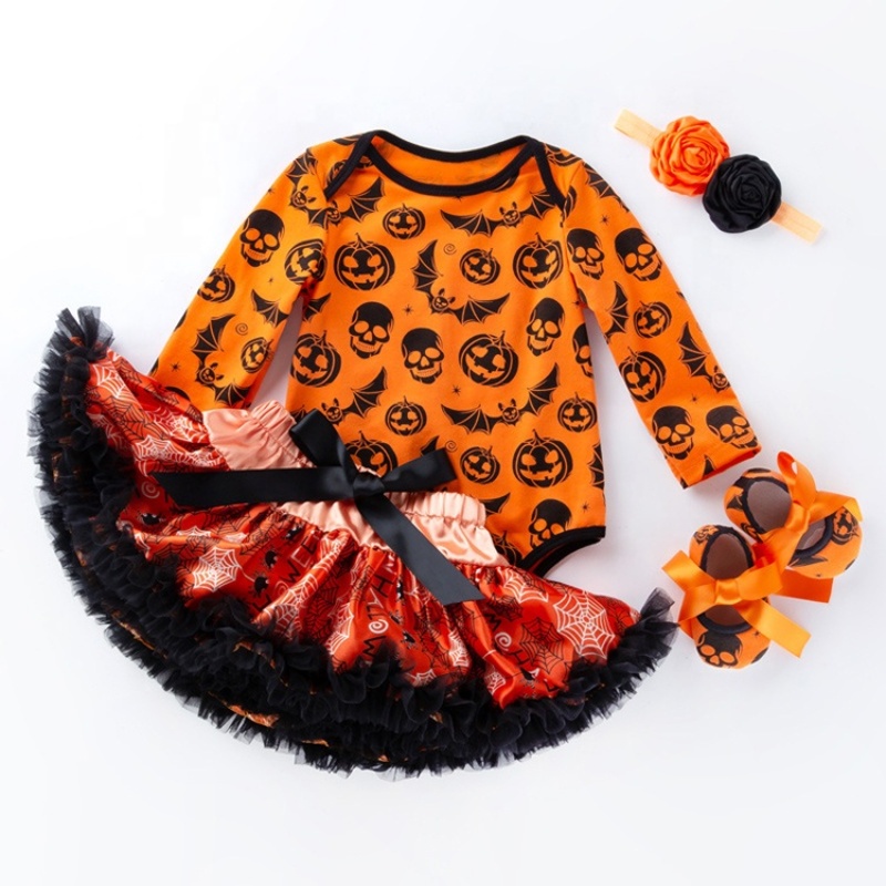 2021 long sleeve pumpkin printing toddler romper tutu skirt dress kids boutique clothing set