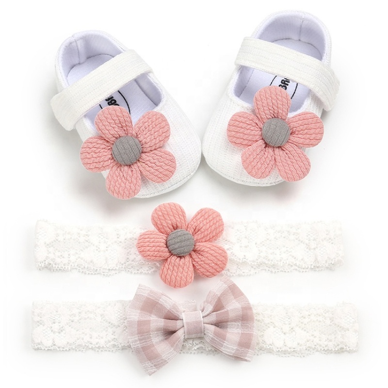 Focusnorm 0-18M newborn baby girls boys crib shoes cotton flowers hook soft cork baby shoes 6 colors headband
