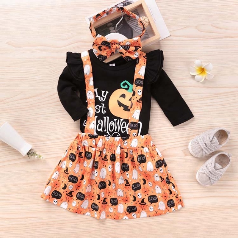 Manufacturer halloween printed stylish suspender long sleeve dress designer baby girl clothes