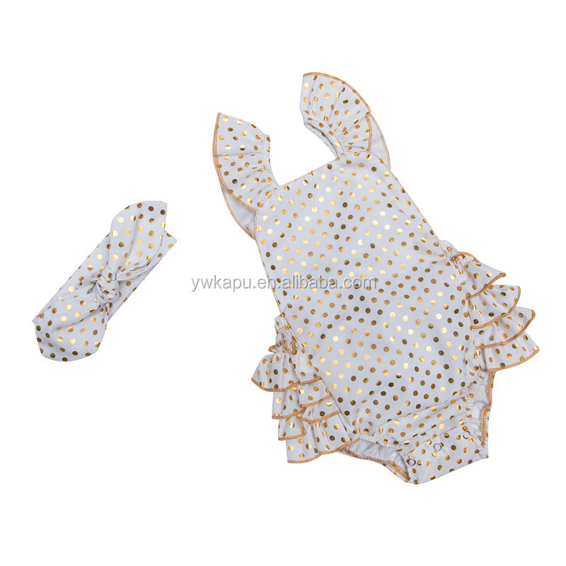 Wholesale Children Boutique Clothing Baby Clothes Gold Baby Romper in Stock Gold Polka Dot Clothing Sets Girls Spandex / Cotton