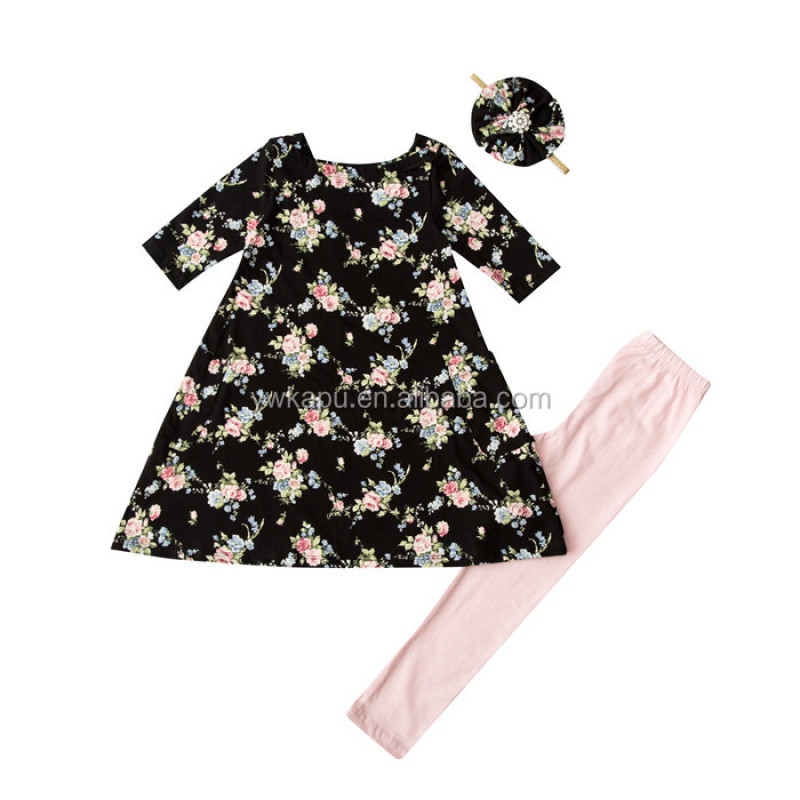 High Quality Soft Cotton Boutique Floral Girl Short Sleeve Dress With Headband And Cotton Leggings