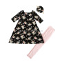 High Quality Soft Cotton Boutique Floral Girl Short Sleeve Dress With Headband And Cotton Leggings