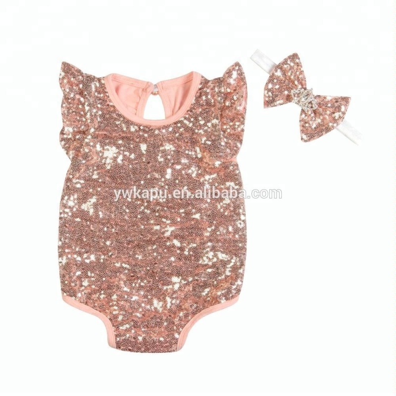 HOT Selling Summer Pretty Baby Girl's Spring Flutter Sequin Sleeve Romper with headband