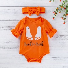 2021 flared long sleeve orange cartoon halloween kids clothes romper