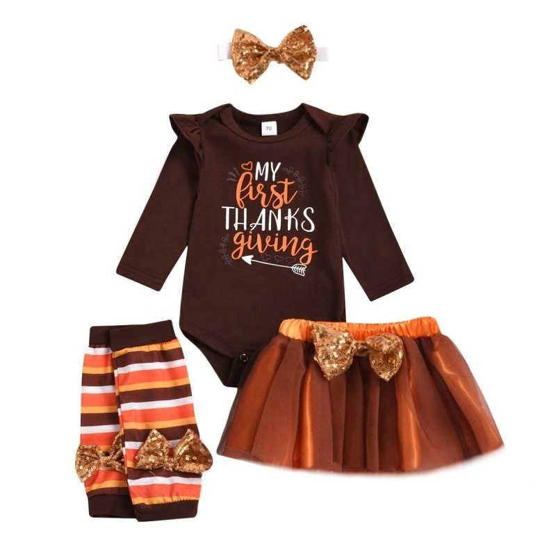 2021 thanksgiving day baby girl cute brown ruffle romper clothes set