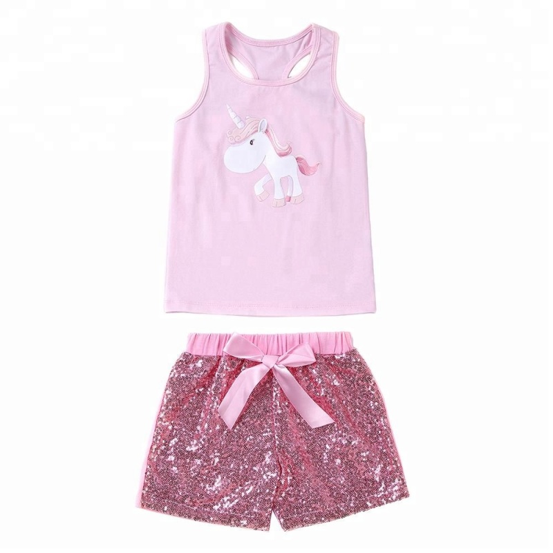 Lovely Little Girl Unicorn Tank Top Set Sequin Shorts Set For Birthday