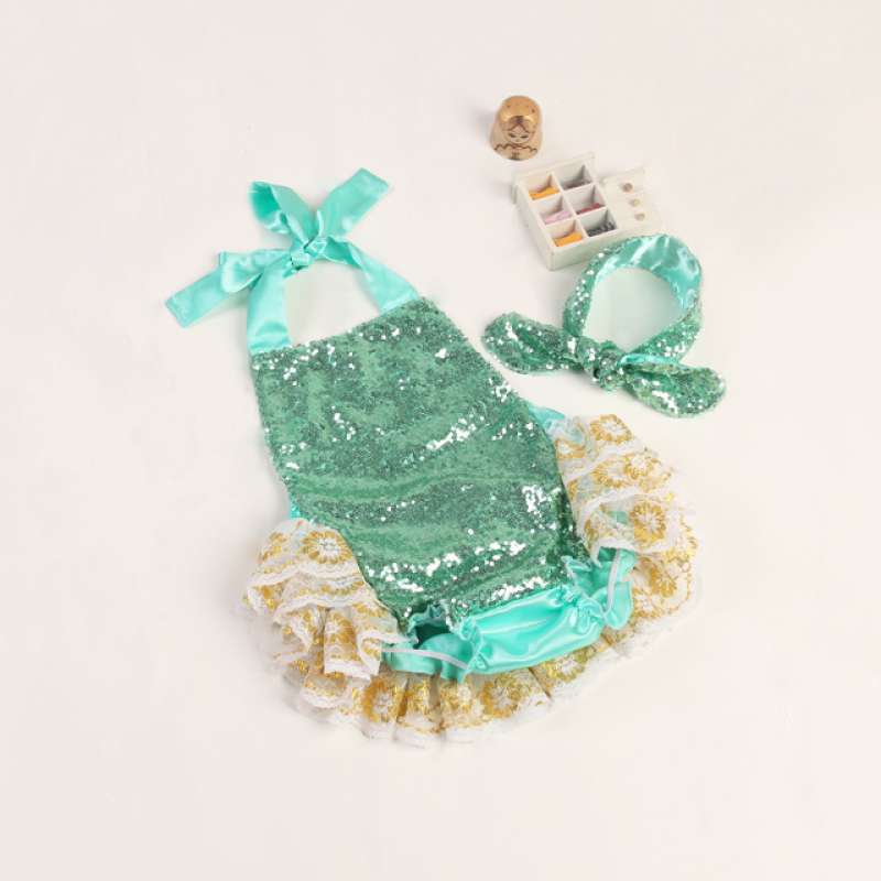 Kids Girls One Piece Children Swimsuit With Lace Kids Sleeveless Ruffle Gold Sequin Romper