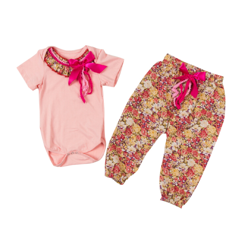 Wholesale White Cotton Romper With Floral Long Pants Girl Clothing Set