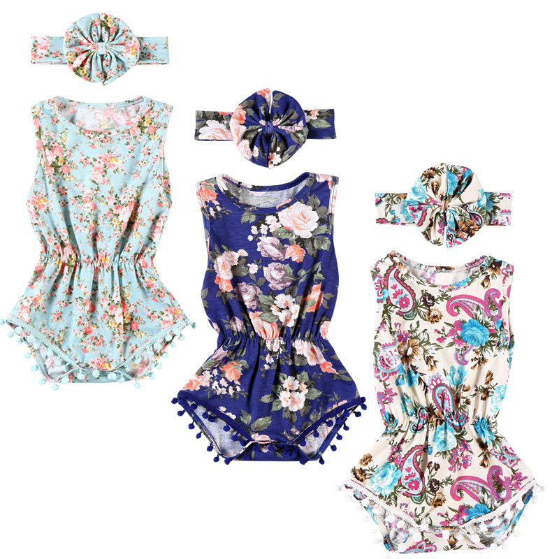 Wholesale  ruffle pompom romper with flower  headband sets fancy baby girl romper outfits