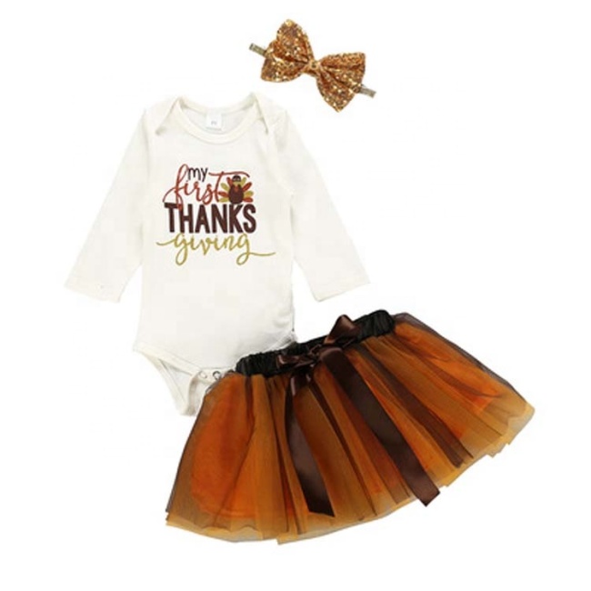 2021 thanksgiving day   sequin bow headband mesh skirt romper girl babys clothing sets