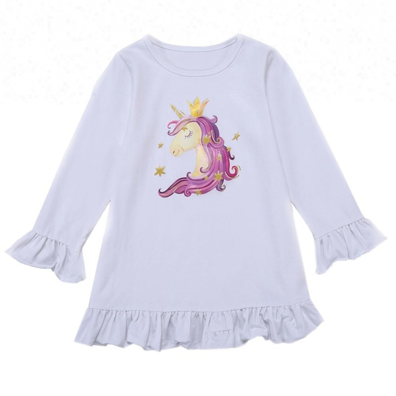 In stock birthday party long sleeve girl top wholesale toddler ruffle girl unicorn shirt
