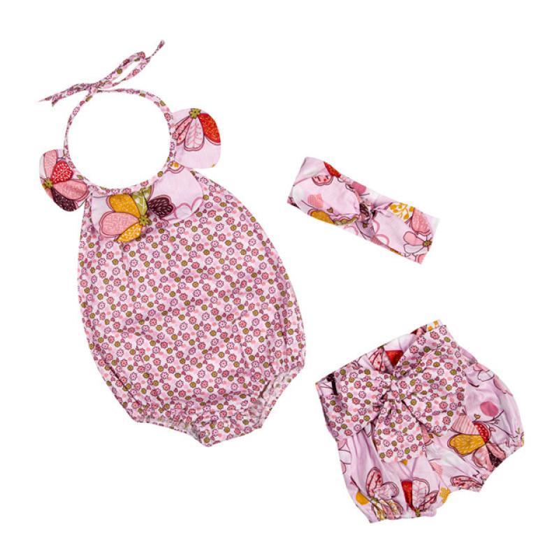 Baby Infant Girls Floral Halter Romper With Short Pants And Headband Outfit Set