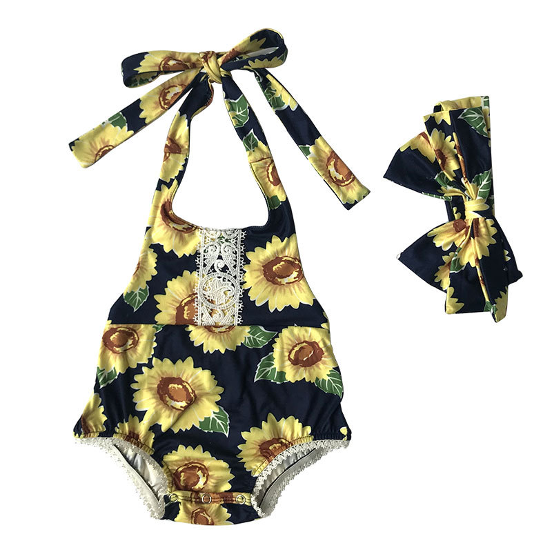 Wholesale Infant  sunflower halter Baby Romper With Headband Set