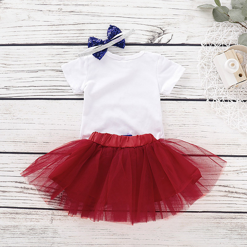 Hot Sale Pretty 4th Of July Baby Toddlers Short Sleeve Romper And Red Dresses With Sequin Bow