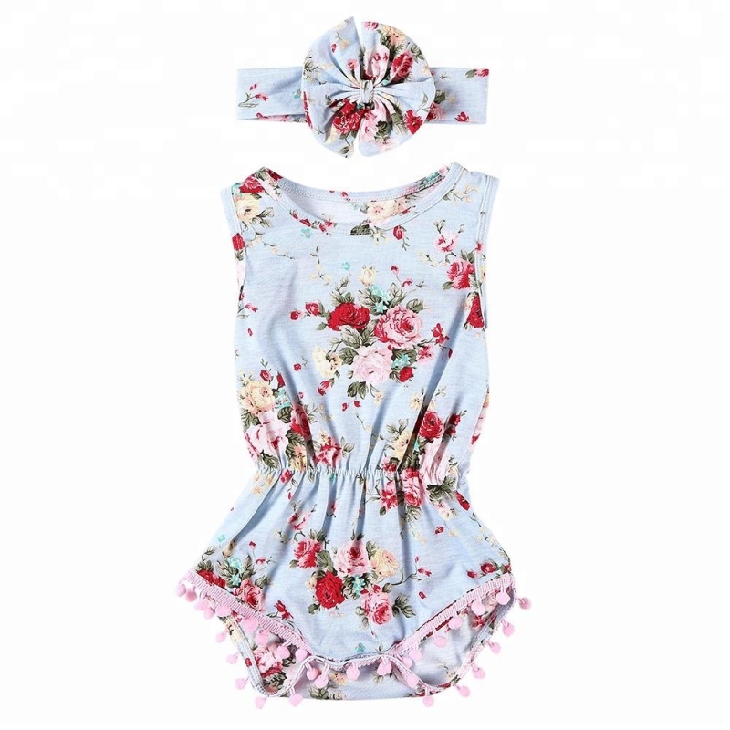 Kapu craft summer baby cotton sleeveless pompom jumpsuit infant girl romper with headband